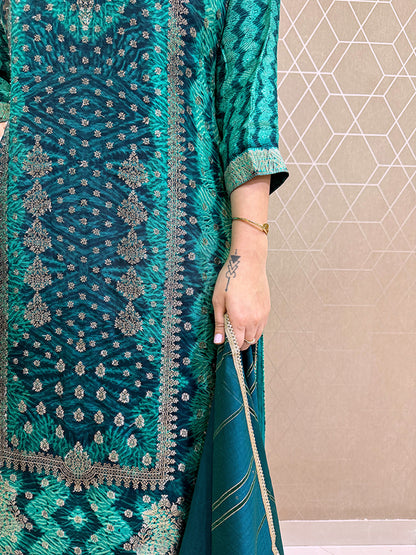 Green  Shibori Jacquard Suit Set
