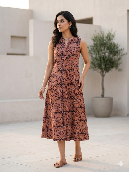 Brown Paisley Kalamkaari Midi dress