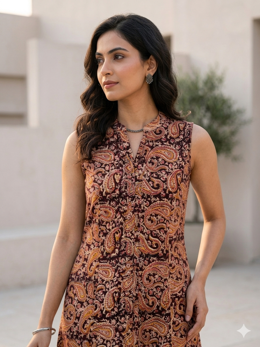 Brown Paisley Kalamkaari Midi dress