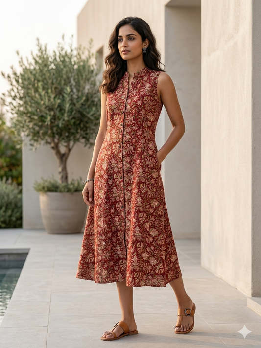 Maroon Paisley Kalamkaari Midi dress